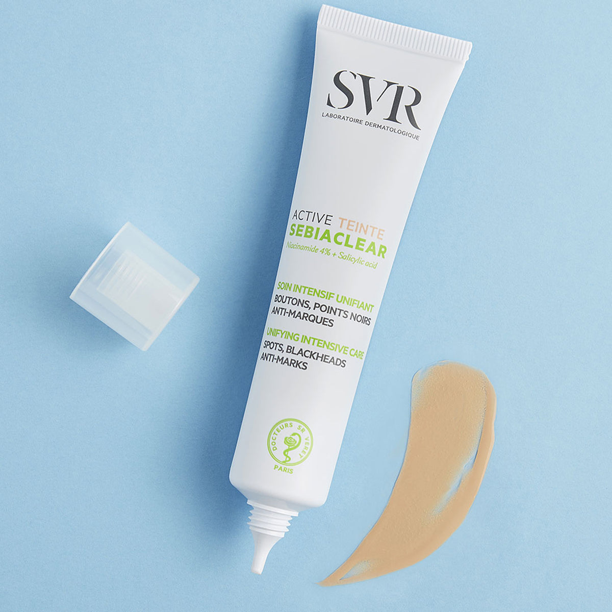 SVR Sebiaclear Active Teinté tube with a beige tinted cream swatch on a light blue background.