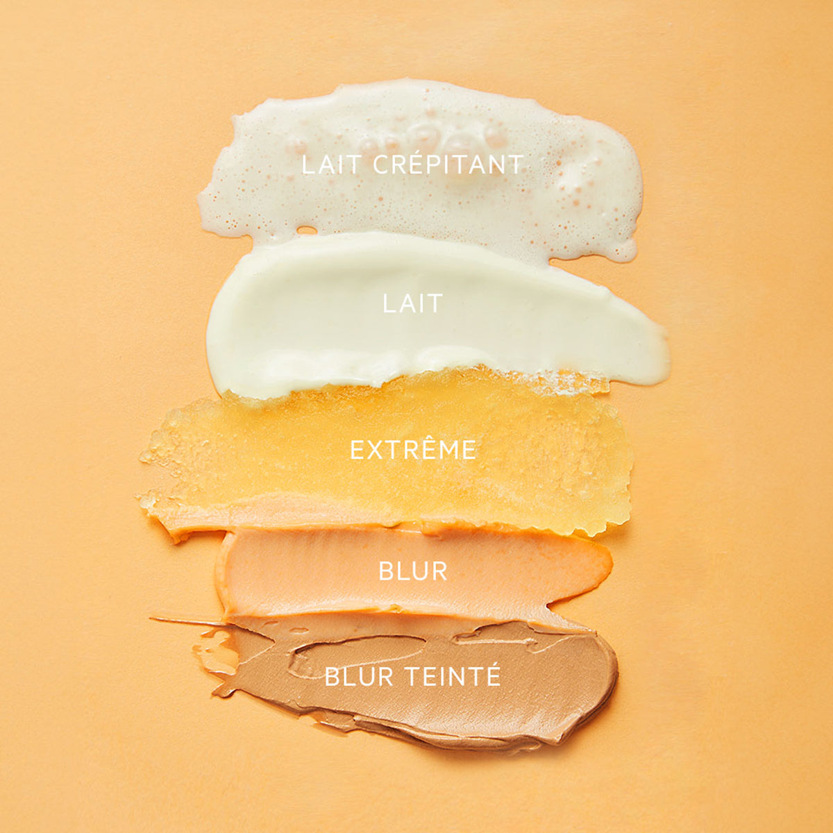 Cinq textures de crème solaire SVR SUN SECURE étalées horizontalement sur fond orange, du lait crépitant au blur teinté.