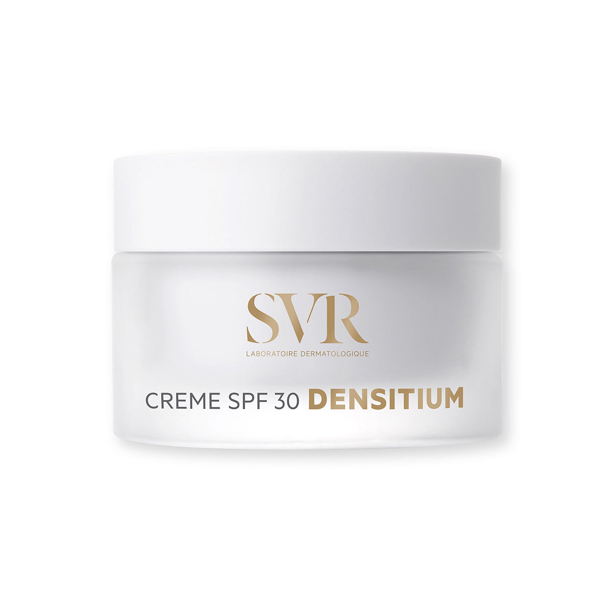 SVR Densitium Crème SPF30 in a frosted glass jar with a white lid and elegant gold lettering on a white background.