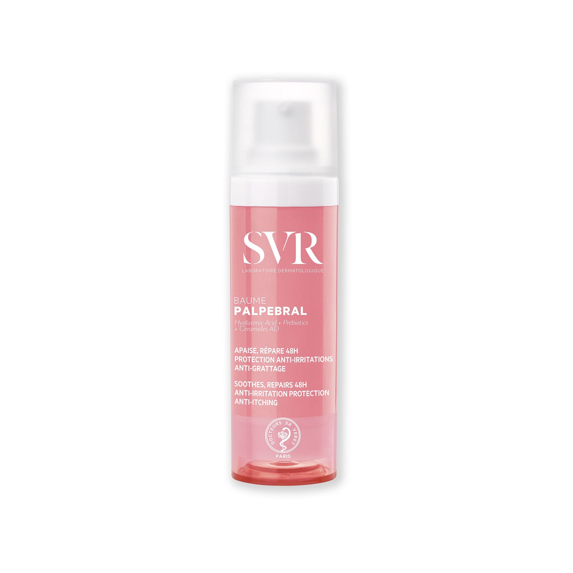 Flacon pompe SVR PALPEBRAL Baume rose et blanc pour le contour des yeux, 15ml, avec texte descriptif sur l'étiquette.