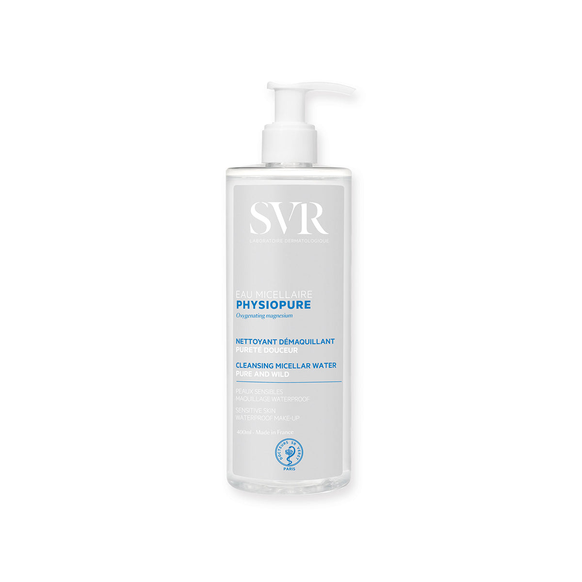 Flacon pompe transparent de 400ml d'eau micellaire SVR PHYSIOPURE pour peaux sensibles avec étiquette blanche et texte bleu.
