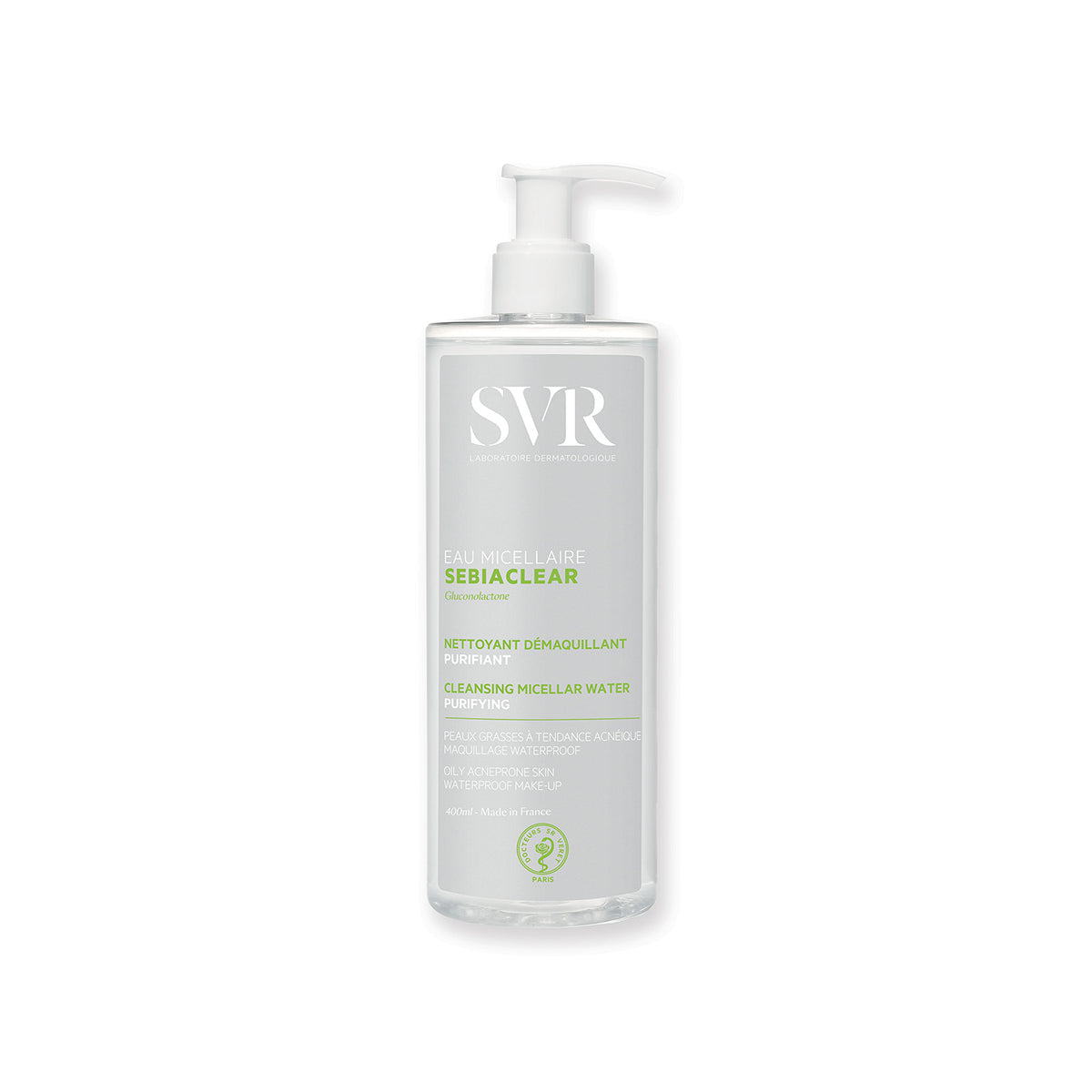 Flacon pompe transparent de 400ml d'eau micellaire SVR Sebiaclear pour peaux grasses à tendance acnéique.