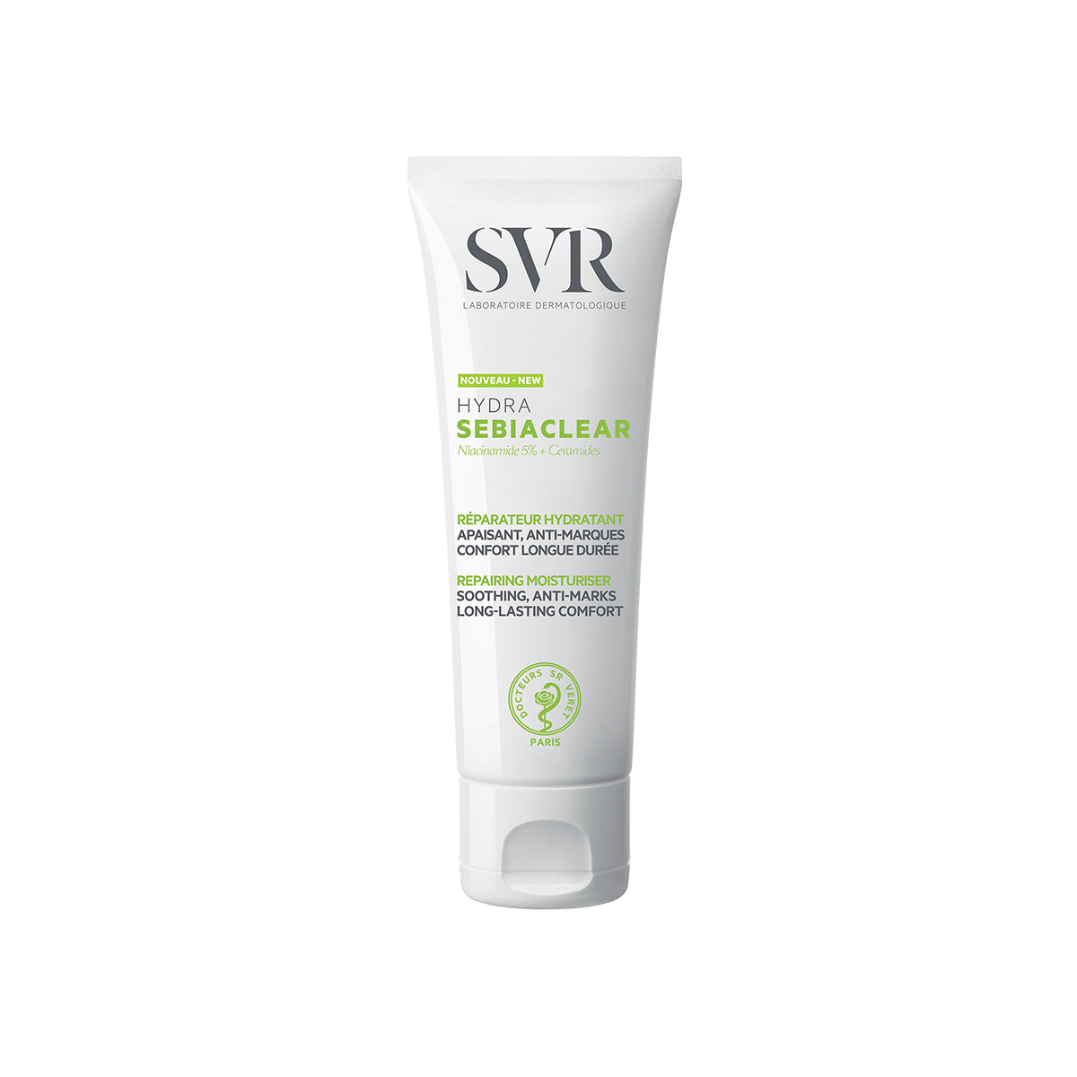 Tube blanc de soin hydratant SVR Sebiaclear Hydra avec inscriptions vertes et noires sur fond blanc épuré.