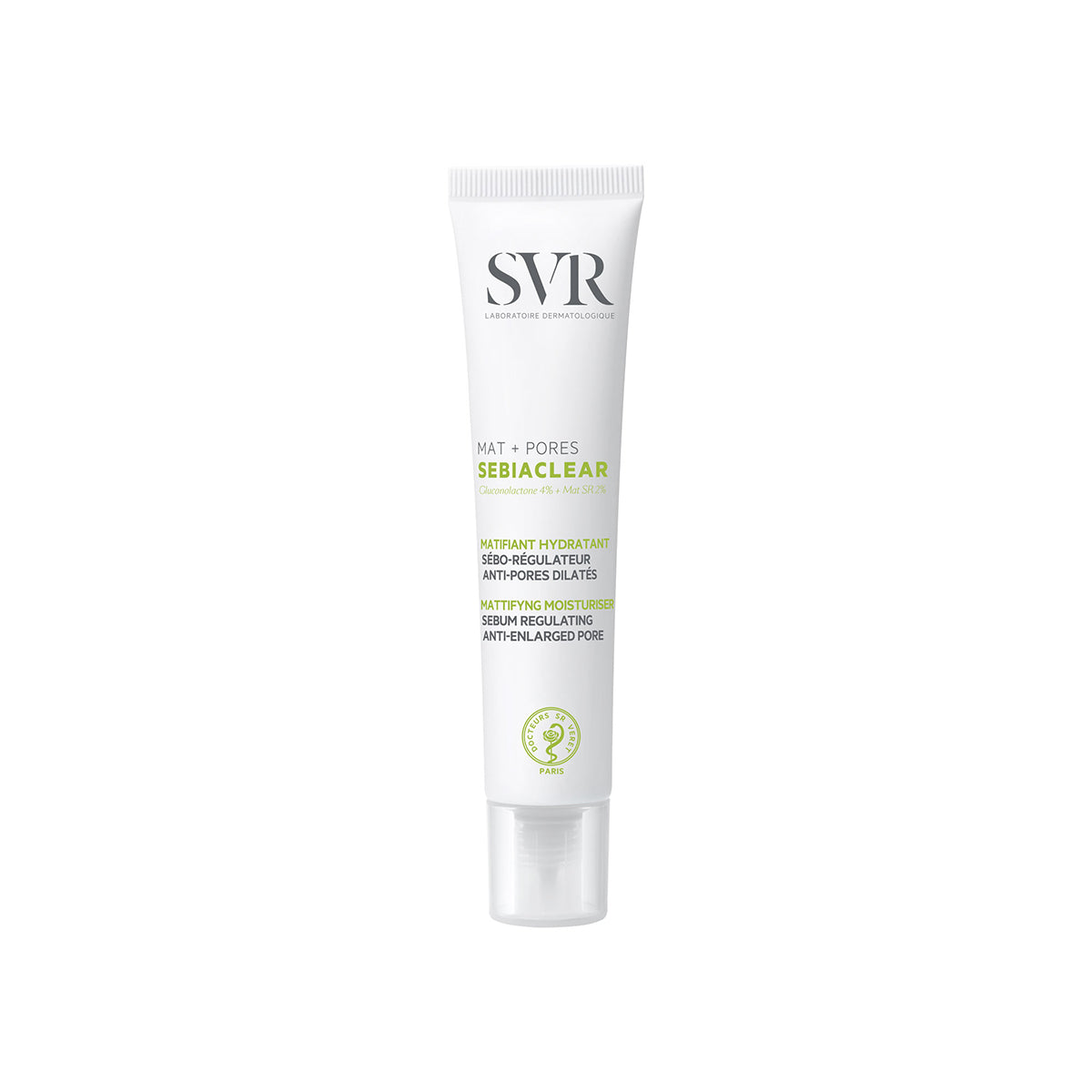 Tube blanc SVR Sebiaclear Mat+Pores, soin hydratant matifiant pour peaux mixtes à grasses, format 40ml.