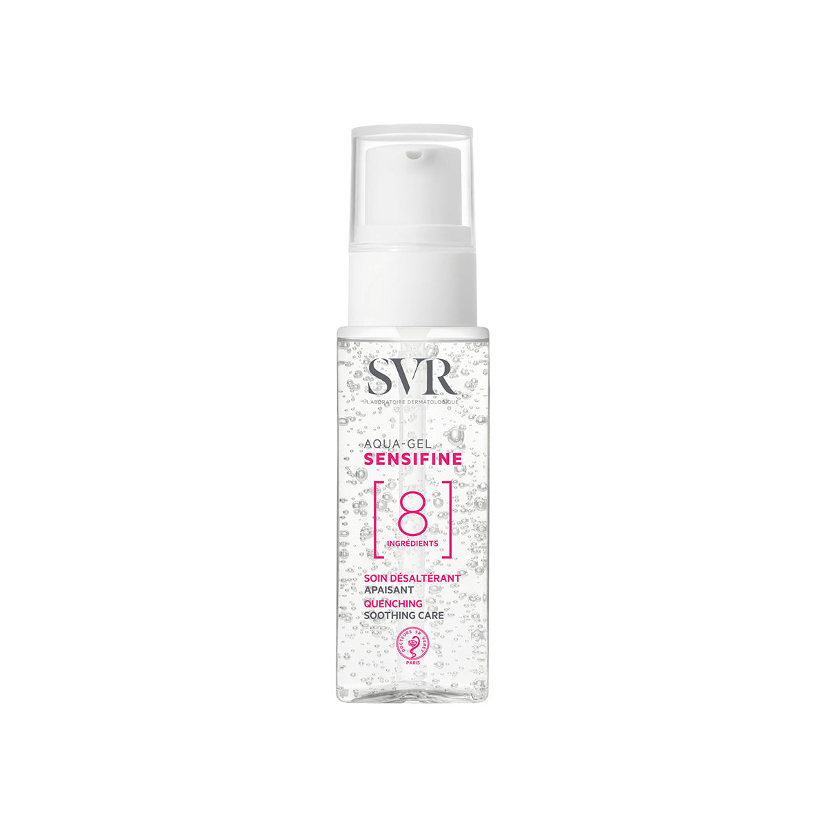 Clear pump bottle of SVR Sensifine Aqua-Gel featuring a minimalist design with pink text and an 8-ingredient label.