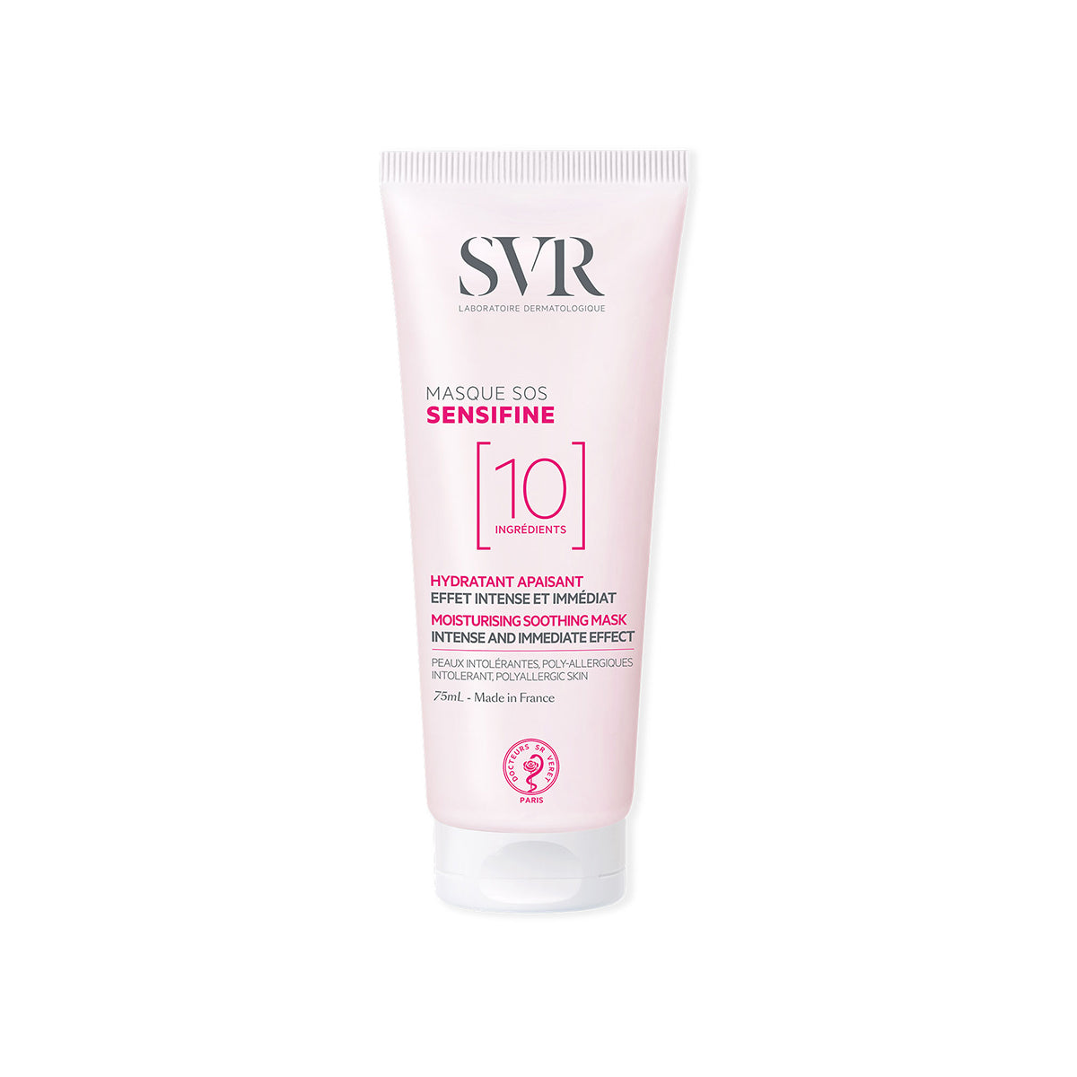 Tube de masque apaisant SVR Sensifine SOS de 75 ml, packaging rose pĂąle avec bouchon blanc, format soin visage.
