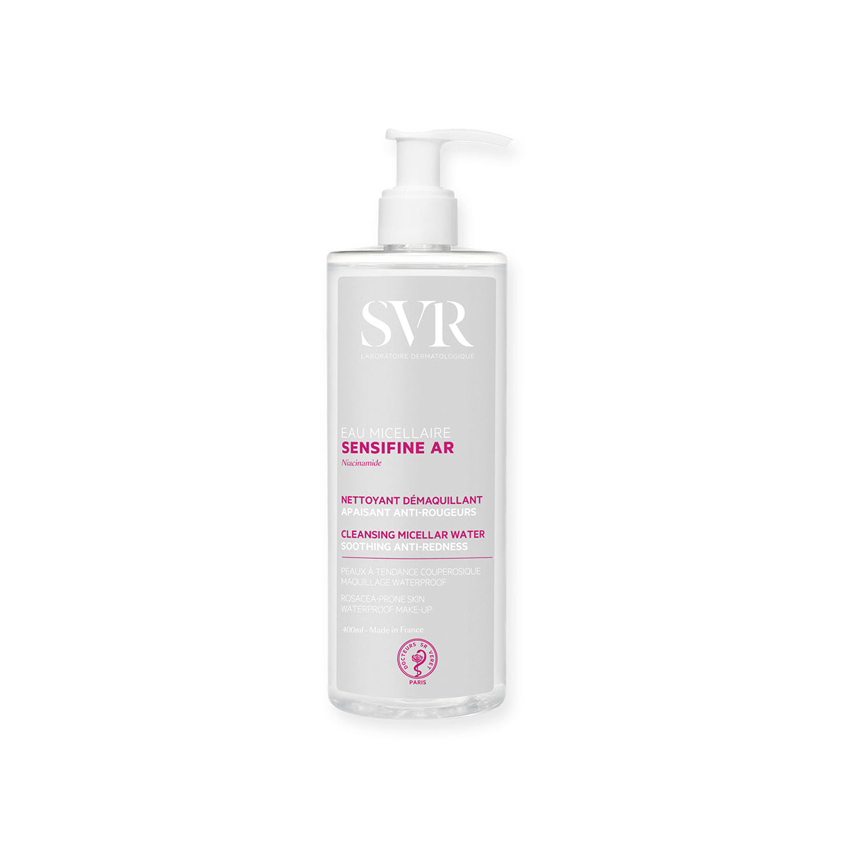 Flacon pompe SVR Sensifine AR Eau Micellaire 400ml pour peaux sensibles sujettes aux rougeurs sur fond blanc.