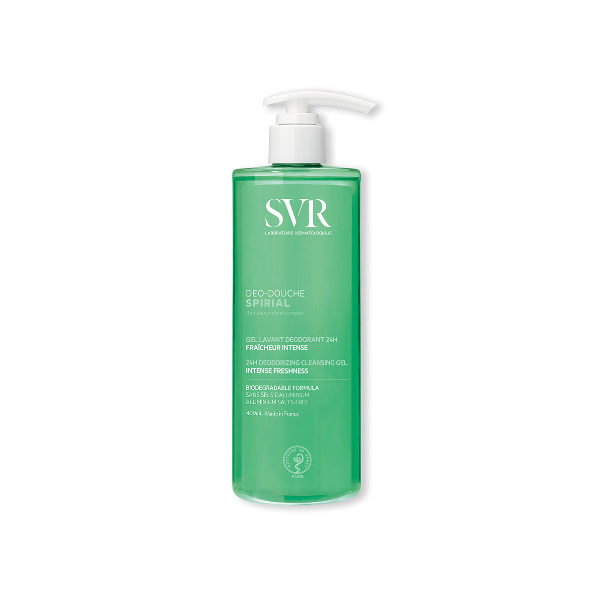 Flacon pompe transparent de 400ml de gel douche déodorant SVR Spirial vert, avec étiquette blanche et texte informatif.