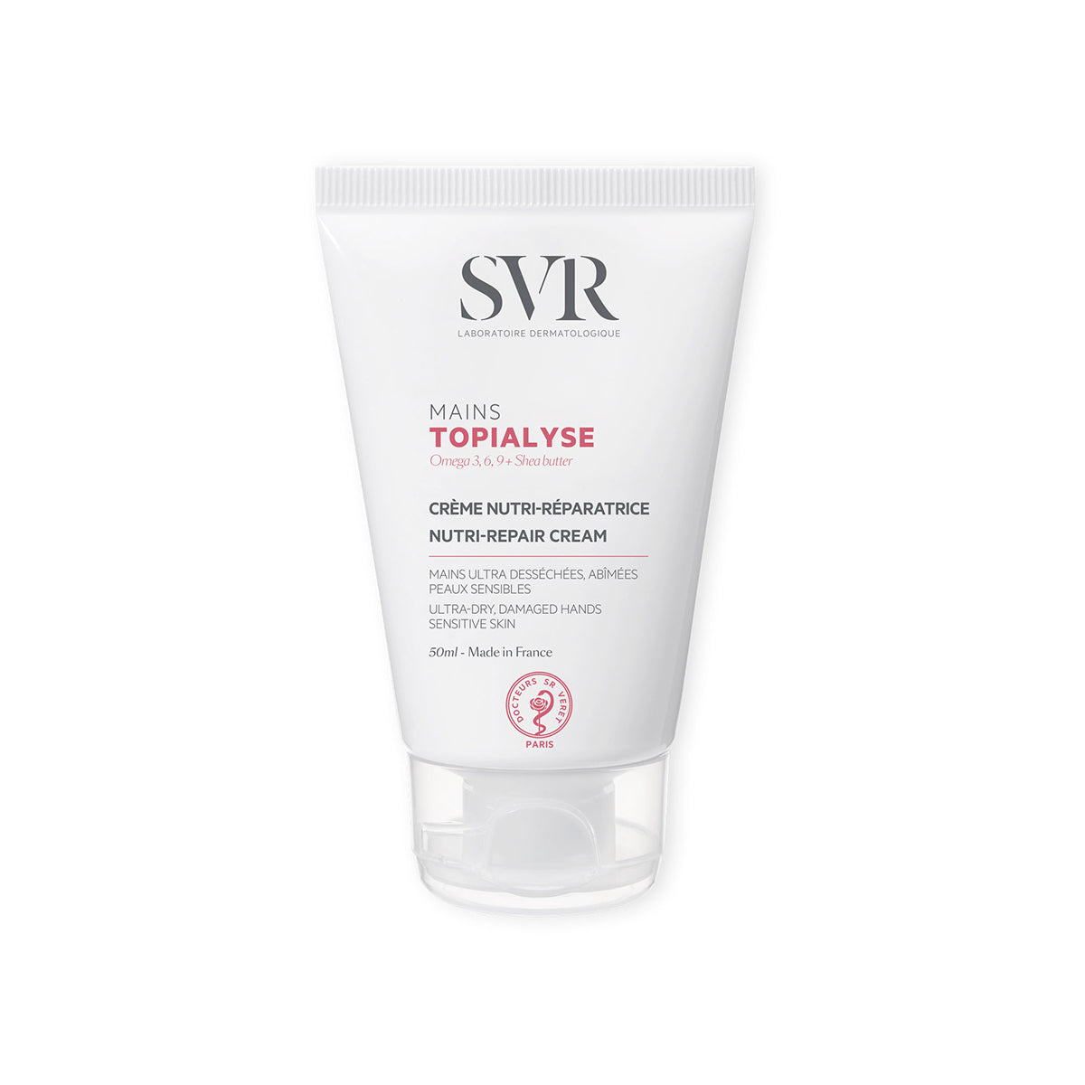 Tube blanc de crème réparatrice pour les mains SVR Topialyse 50ml avec bouchon transparent sur fond blanc.