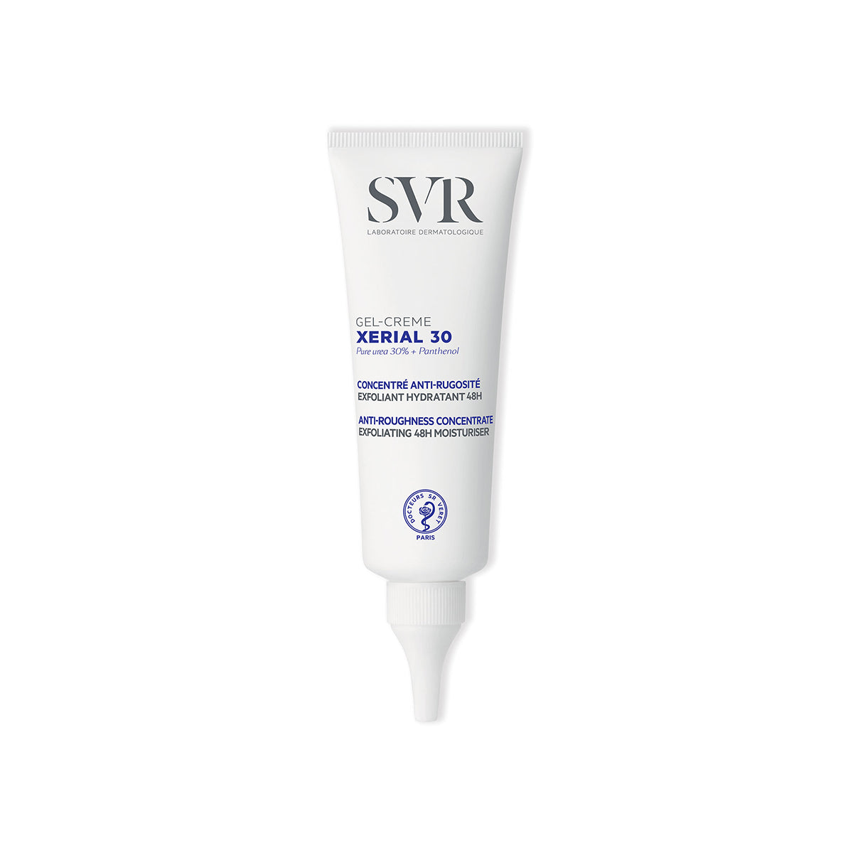 Tube blanc SVR Xerial 30 Gel-Crème avec bouchon pointu, concentré exfoliant hydratant pour peaux rugueuses.