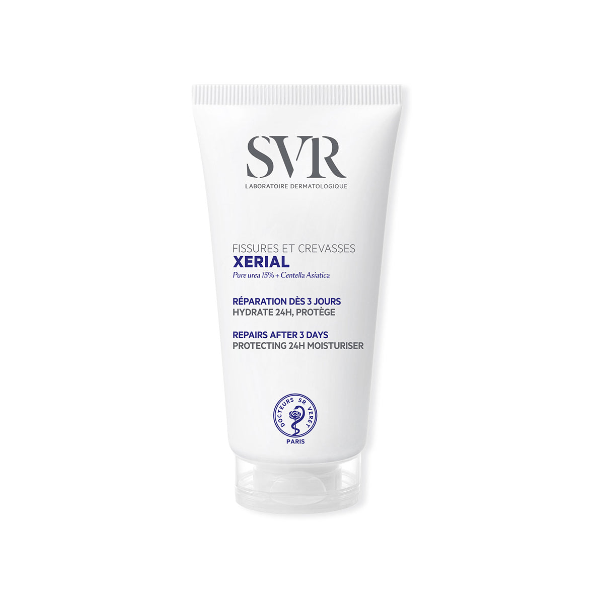 Tube blanc de crème réparatrice SVR Xerial Fissures et Crevasses avec bouchon transparent sur fond blanc.