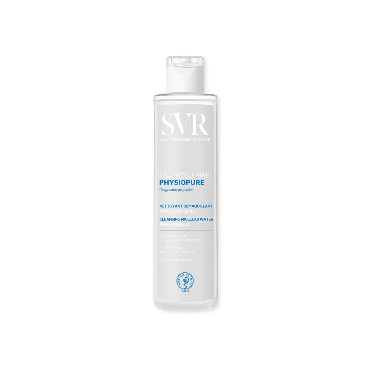 Flacon transparent de 200ml d'eau micellaire SVR Physiopure avec bouchon blanc pour peaux sensibles.