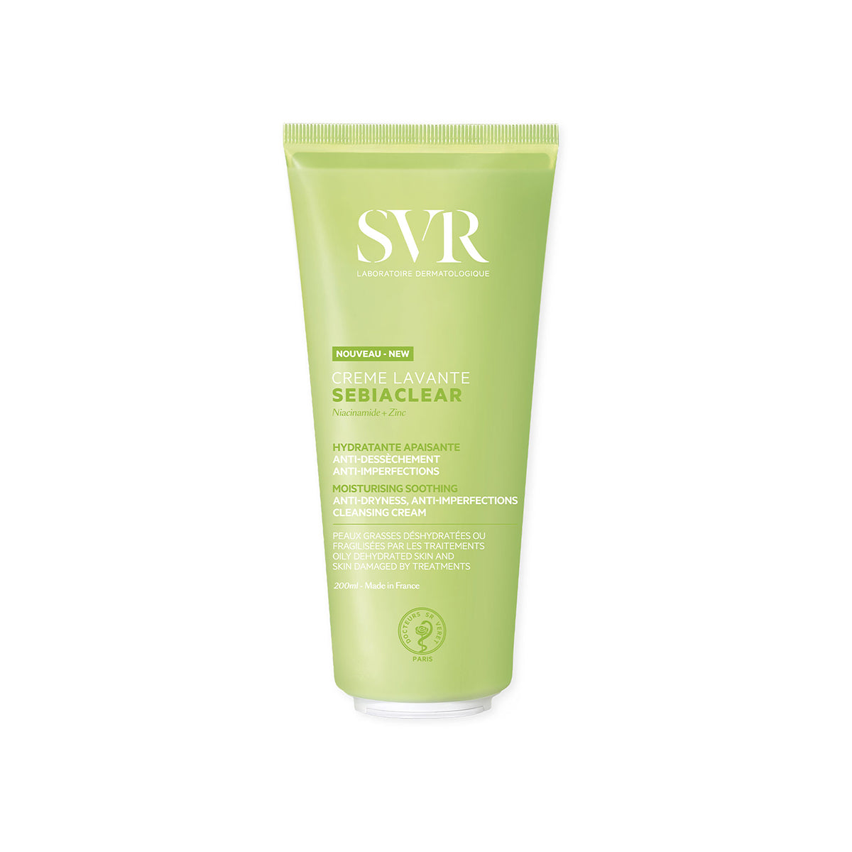 Tube de 200ml de crème lavante SVR Sebiaclear vert clair pour peaux sensibles, avec niacinamide et zinc.