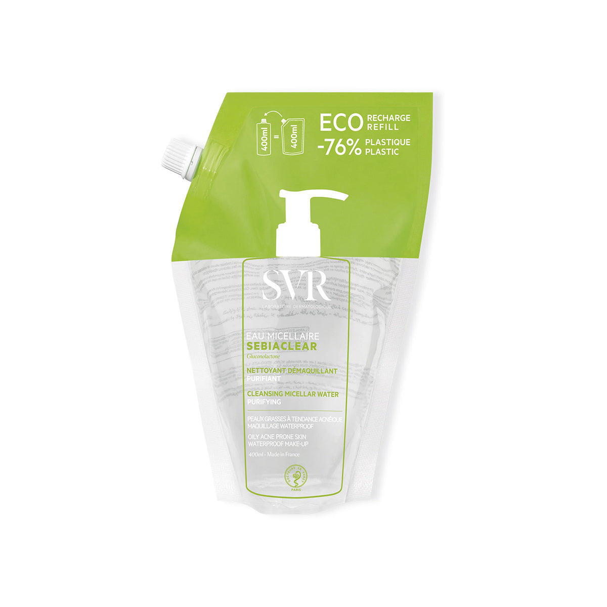Recharge éco 400ml SVR Sebiaclear Eau Micellaire pour peaux grasses à tendance acnéique en sachet souple vert et blanc.