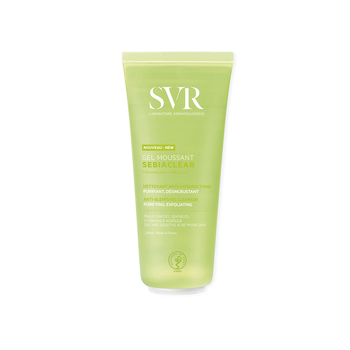 Tube de gel moussant SVR Sebiaclear 200ml, nettoyant purifiant vert translucide pour peaux grasses et sensibles.