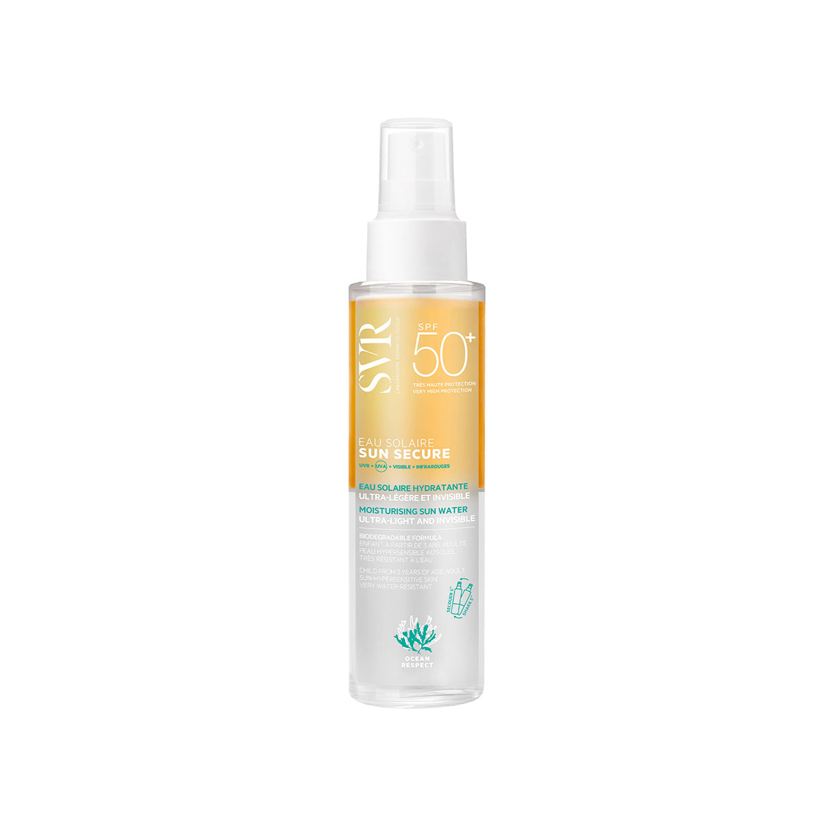 Flacon spray SVR SUN SECURE Eau Solaire SPF50+ avec étiquette dégradé orange et blanc, format 200ml pour visage et corps.