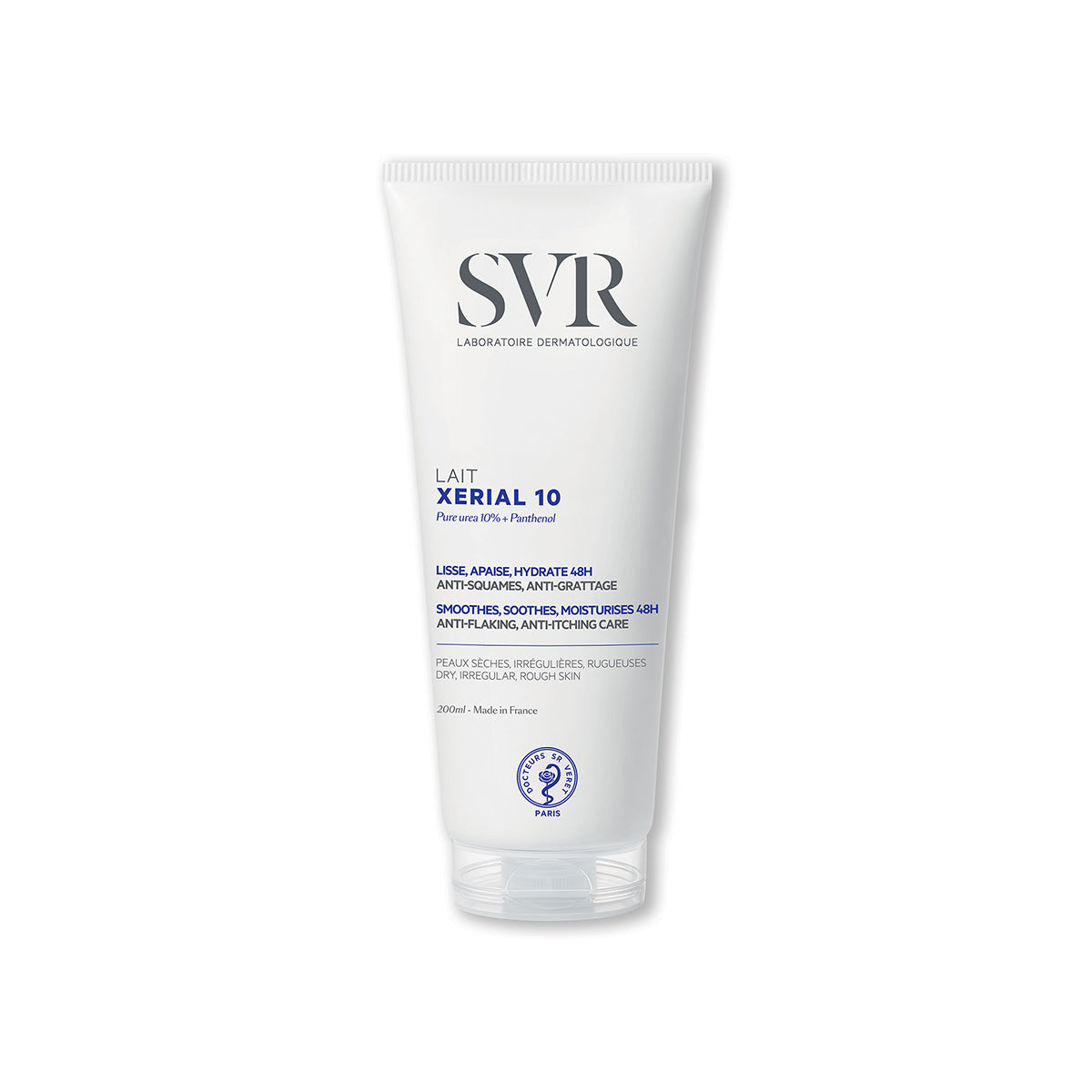 Tube blanc de lait hydratant SVR Xerial 10 de 200ml avec bouchon transparent, conçu pour les peaux sèches et rugueuses.
