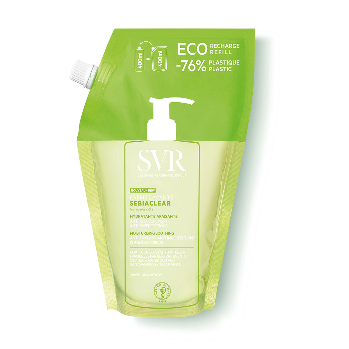Recharge éco 400ml SVR Sebiaclear Crème Lavante, nettoyant apaisant pour peaux sensibles dans un sachet souple vert.