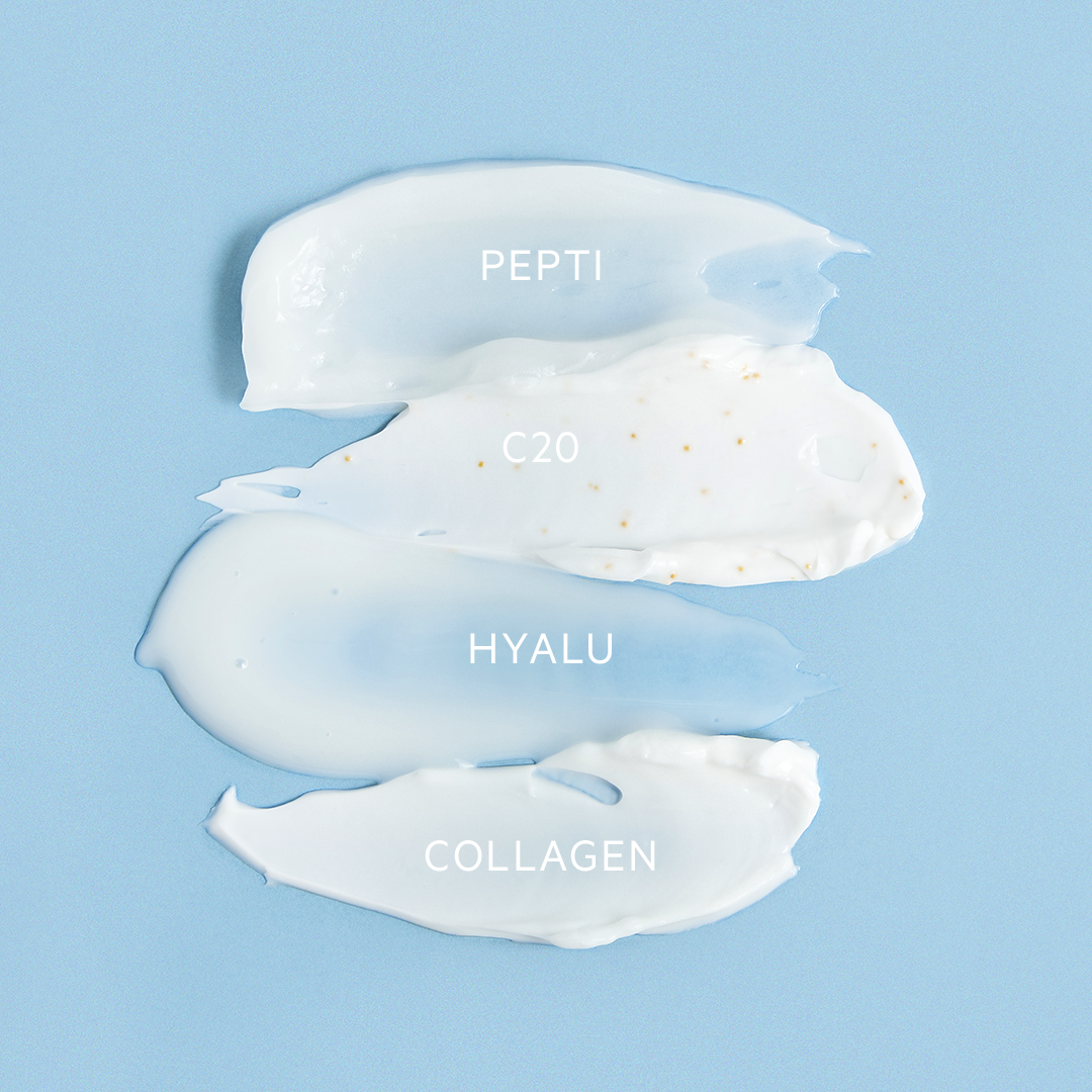 Four distinct white skincare cream textures labeled Pepti, C20, Hyalu, and Collagen on a light blue background.