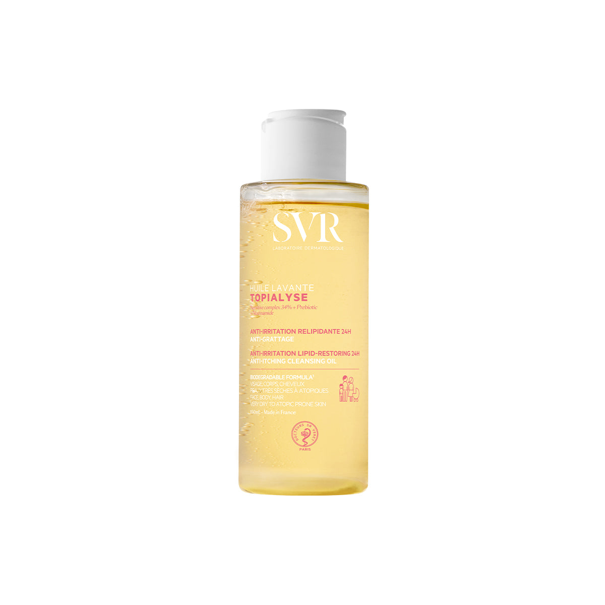 SVR TOPIALYSE Huile Lavante cleansing oil in a clear 400ml bottle with a white flip-top cap and gold-toned liquid formula.