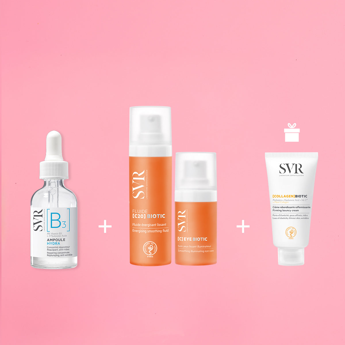 SVR skincare set featuring B3 serum, C20 fluid, C eye cream, and Collagen Biotic cream on a pink background.