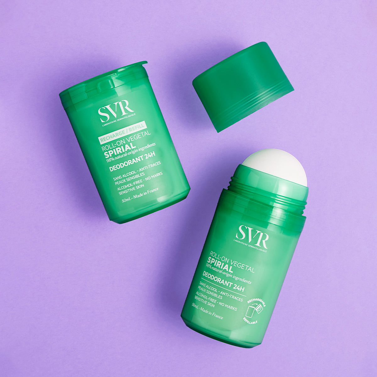 Déodorant SVR Spirial Roll-On Végétal 50ml vert avec recharge sur fond violet.