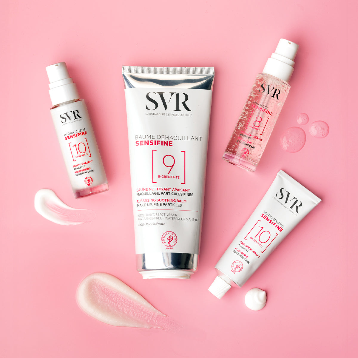 SVR Sensifine skincare collection featuring cream, balm, and gel tubes on a pink background with product swatches.
