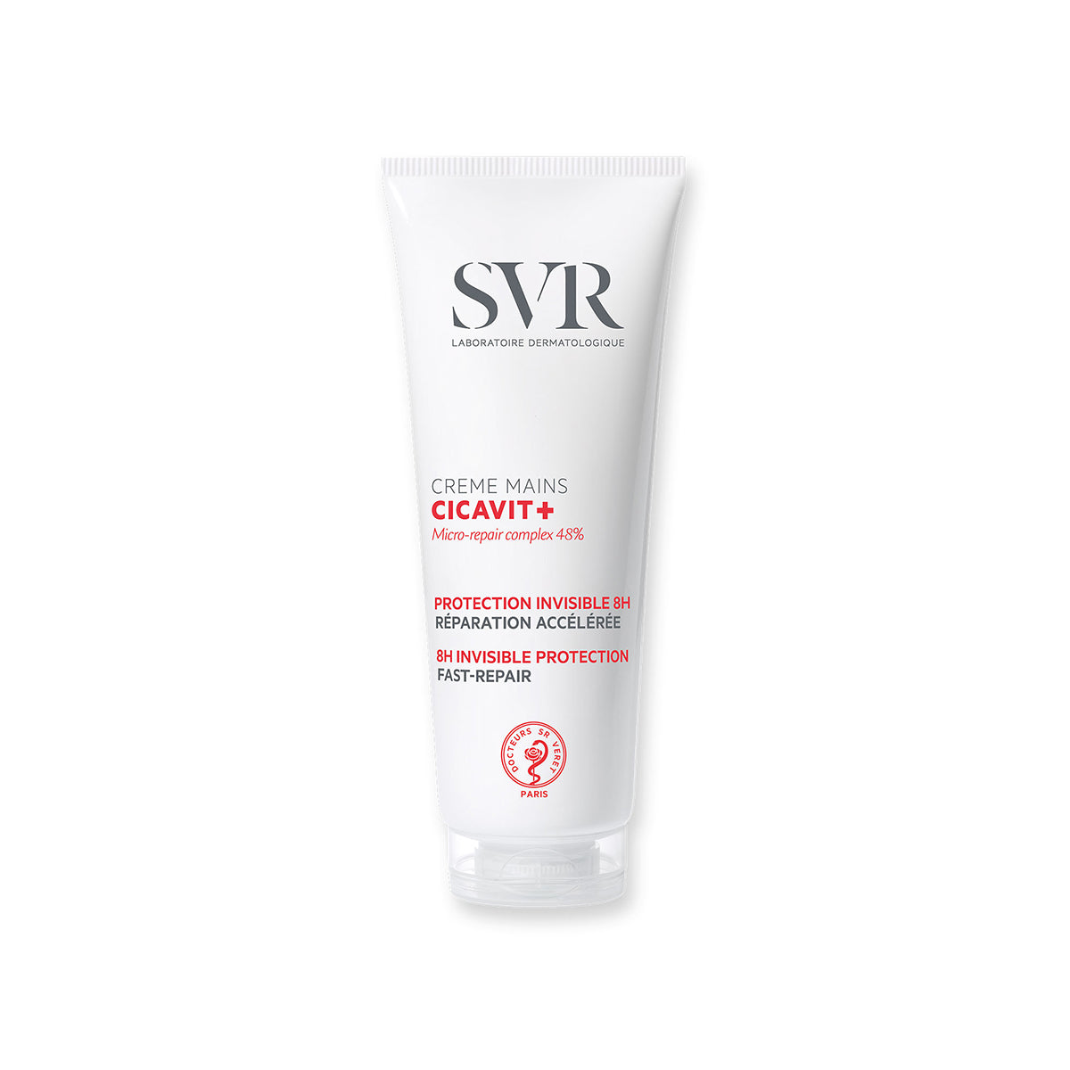 Tube blanc de crème mains SVR Cicavit+ avec texte rouge et noir sur fond blanc, format 75ml pour réparation intense.