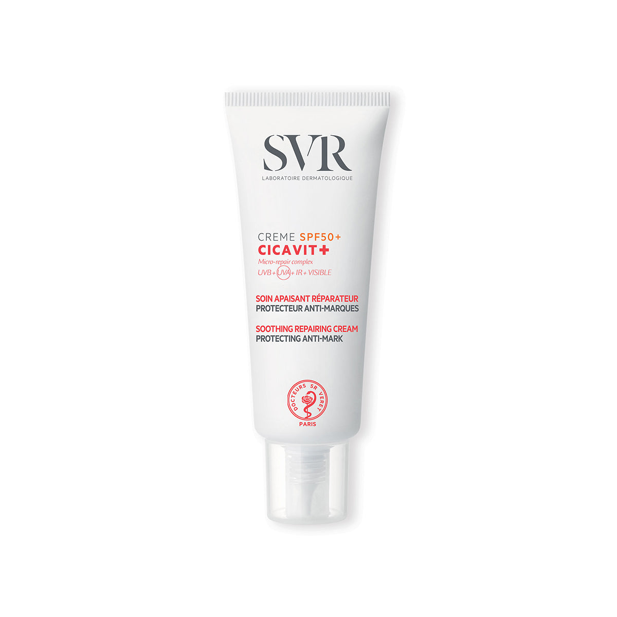 Tube blanc de crème réparatrice SVR Cicavit+ SPF50+ avec bouchon transparent, texte noir et orange sur fond minimaliste.