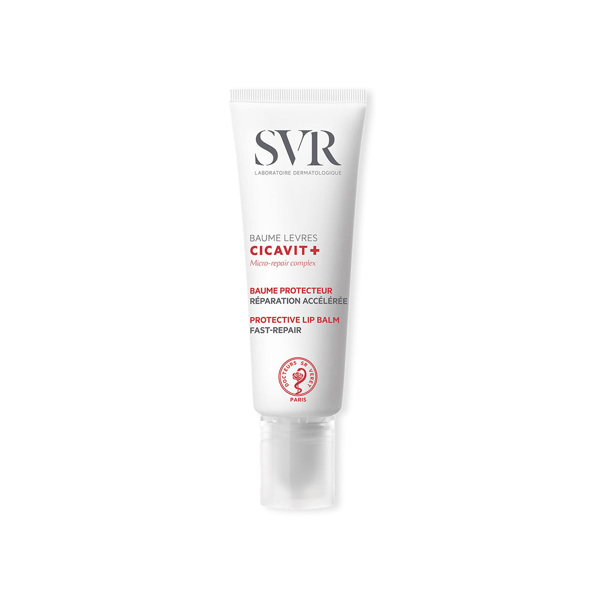 Tube blanc de baume réparateur SVR Cicavit+ Lèvres avec bouchon transparent sur fond blanc.