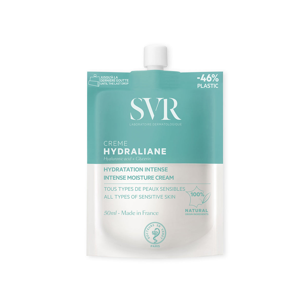 Poche éco-responsable 50ml de crème hydratante SVR Hydraliane bleu clair et blanc pour peaux sensibles.