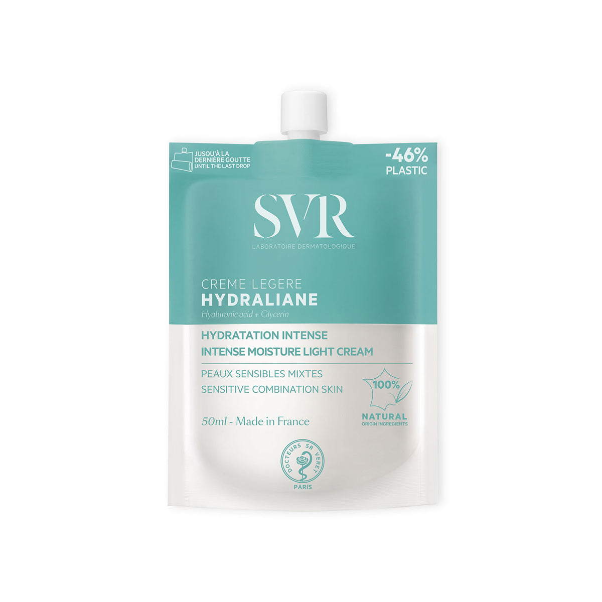 Poche éco-conçue SVR Hydraliane Crème Légère 50ml, soin hydratant bleu et blanc pour peaux mixtes et sensibles.