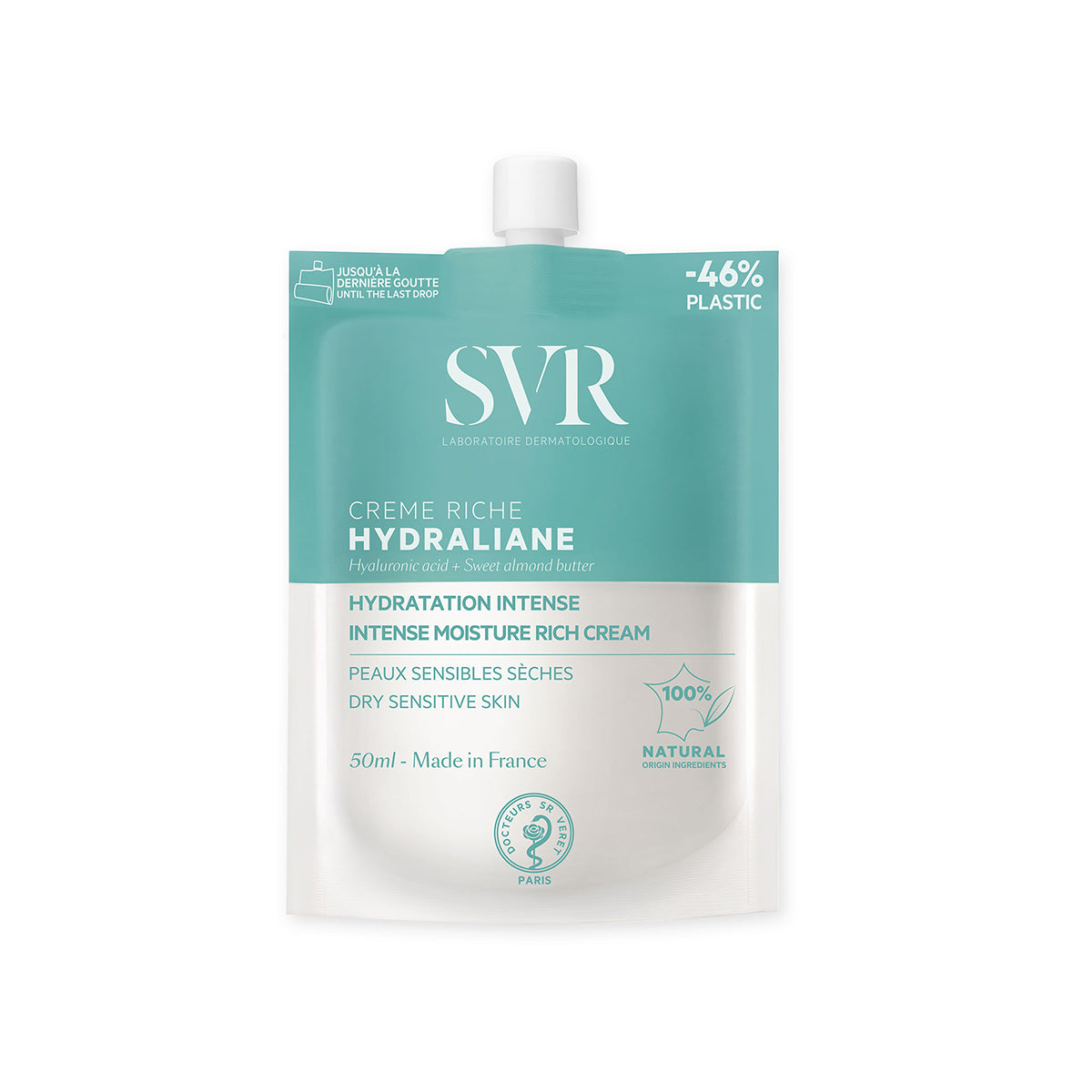 Poche éco-conçue SVR Hydraliane Crème Riche 50ml, soin hydratant intense pour peaux sèches et sensibles, emballage recyclable.
