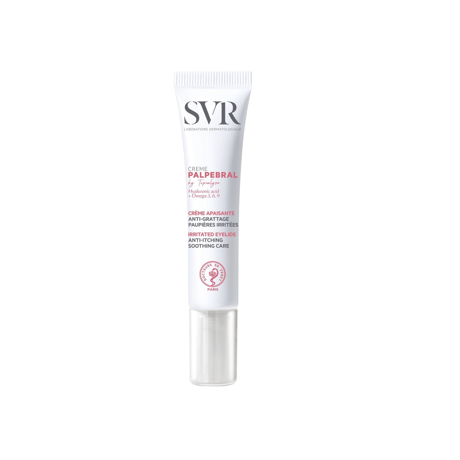 Tube blanc de crème apaisante SVR Palpebral pour paupières irritées avec bouchon transparent sur fond blanc.