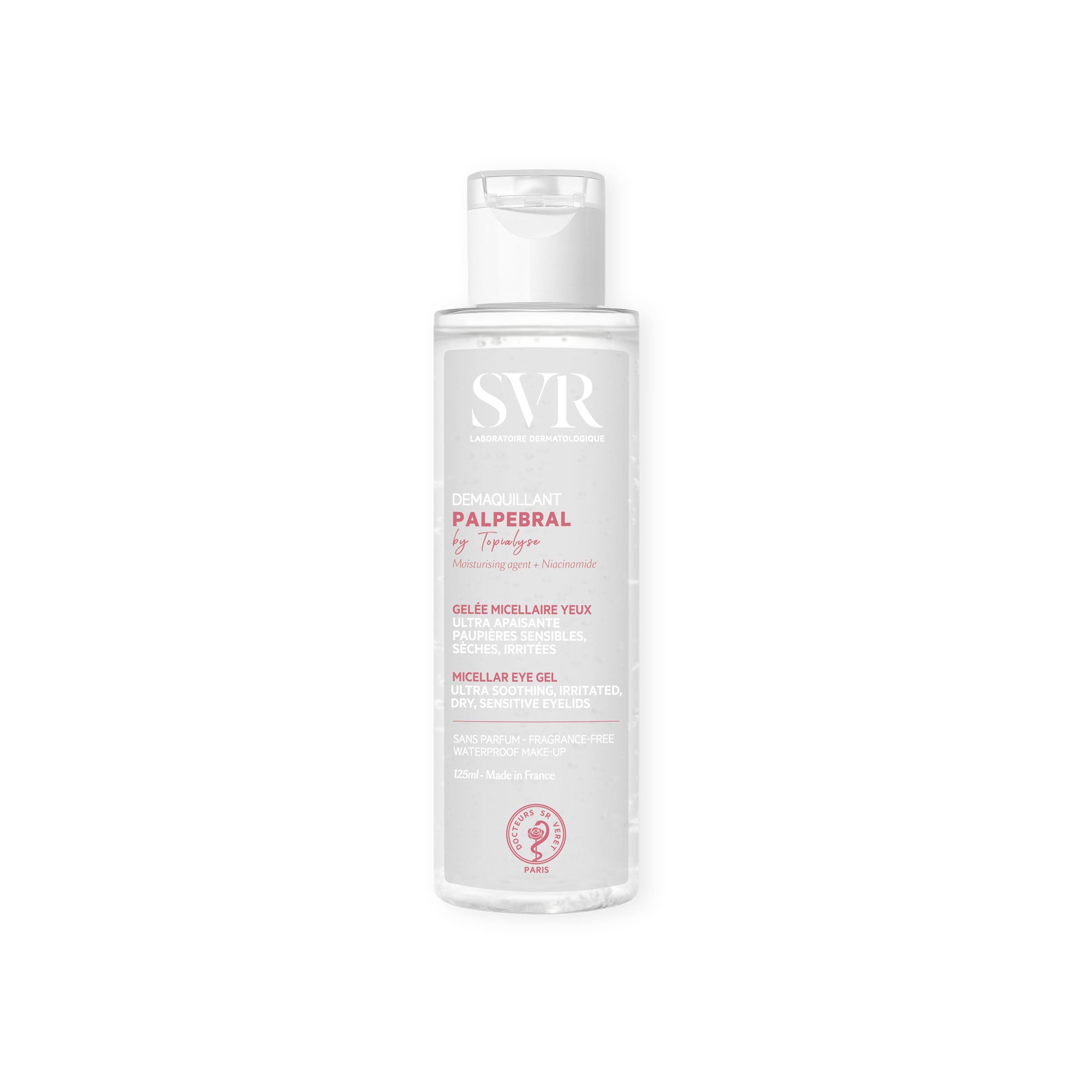 Flacon transparent de gel démaquillant SVR Palpebral 125ml avec bouchon à clapet blanc sur fond blanc.