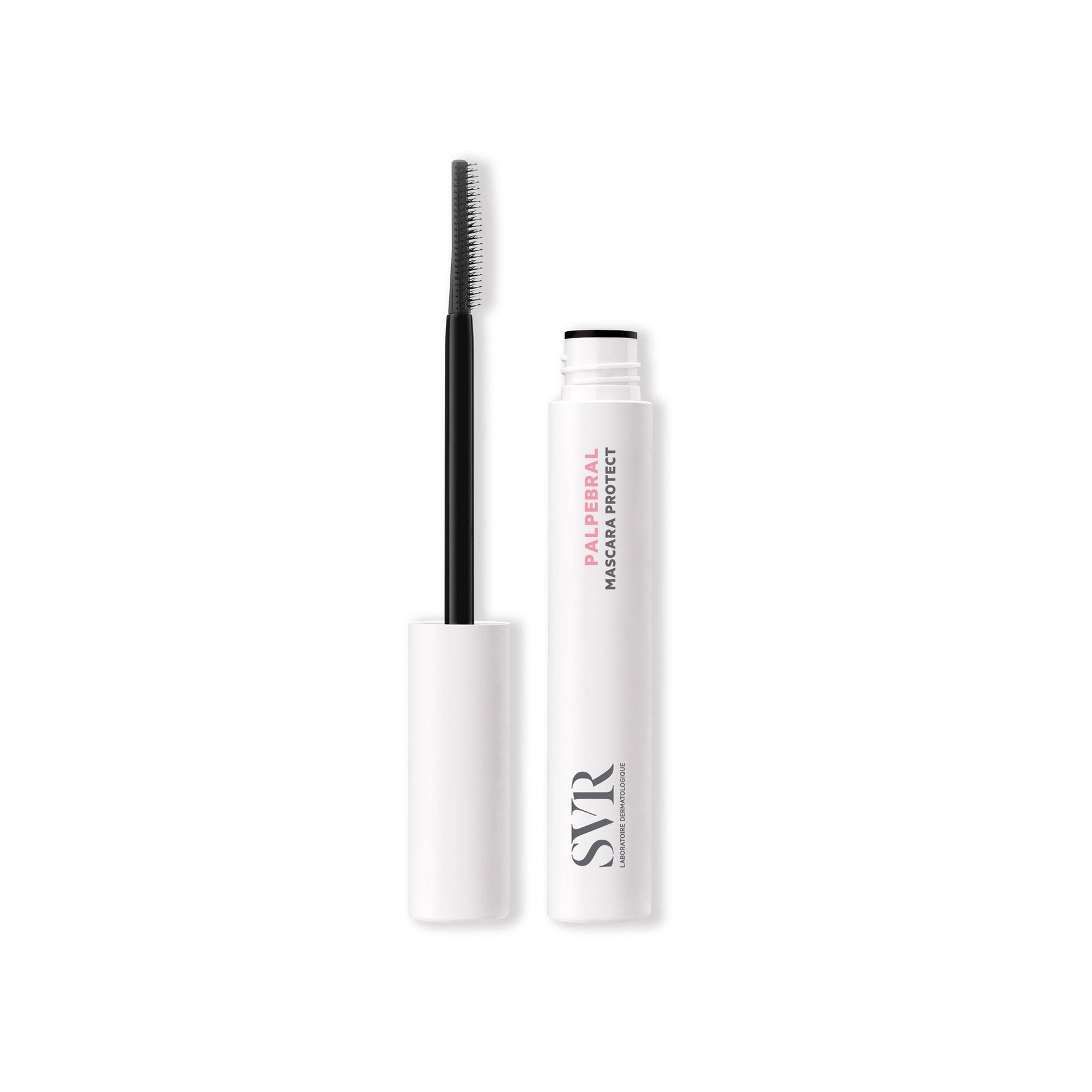 Mascara SVR Palpebral Protect blanc avec applicateur fin et brosse précise pour un regard intense et protégé.