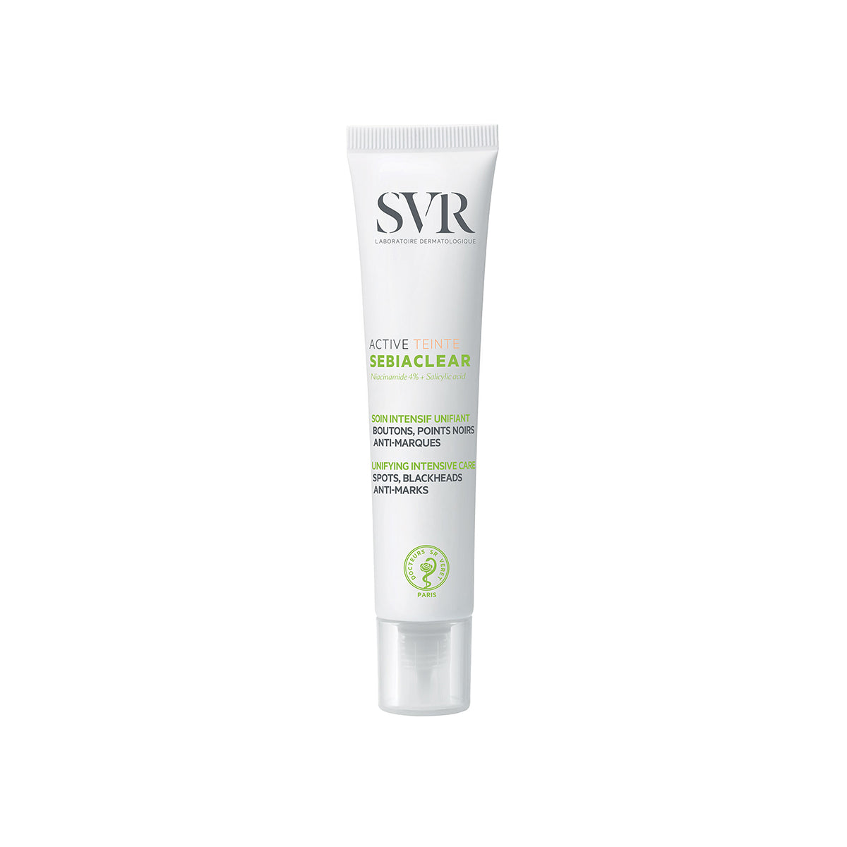 SVR Sebiaclear Active Teinté white squeeze tube with black text and a clear cap for intensive spot and blackhead care.