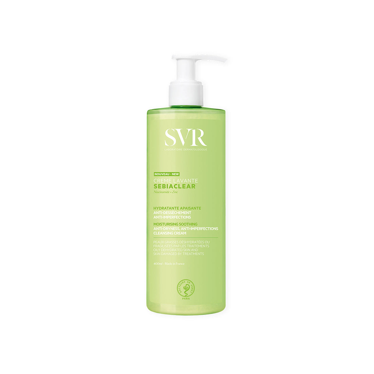 Flacon pompe vert translucide de 400ml de crème lavante SVR Sebiaclear pour peaux sensibles et déshydratées.