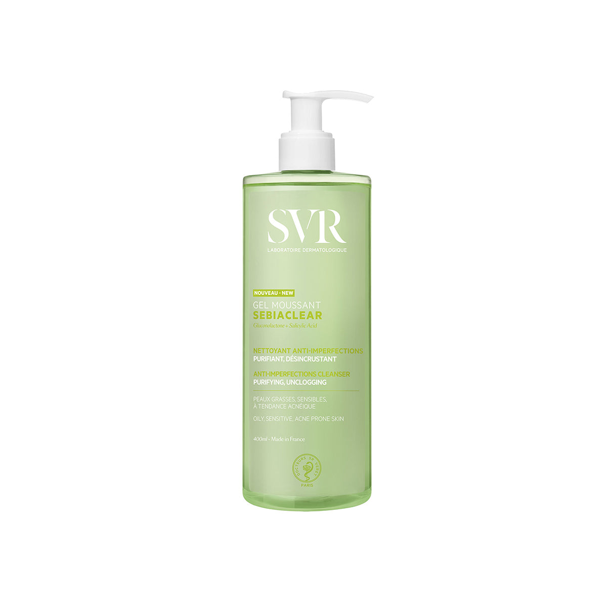 Flacon pompe SVR SEBIACLEAR Gel Moussant 400ml, nettoyant purifiant vert pour peaux grasses et acnéiques.