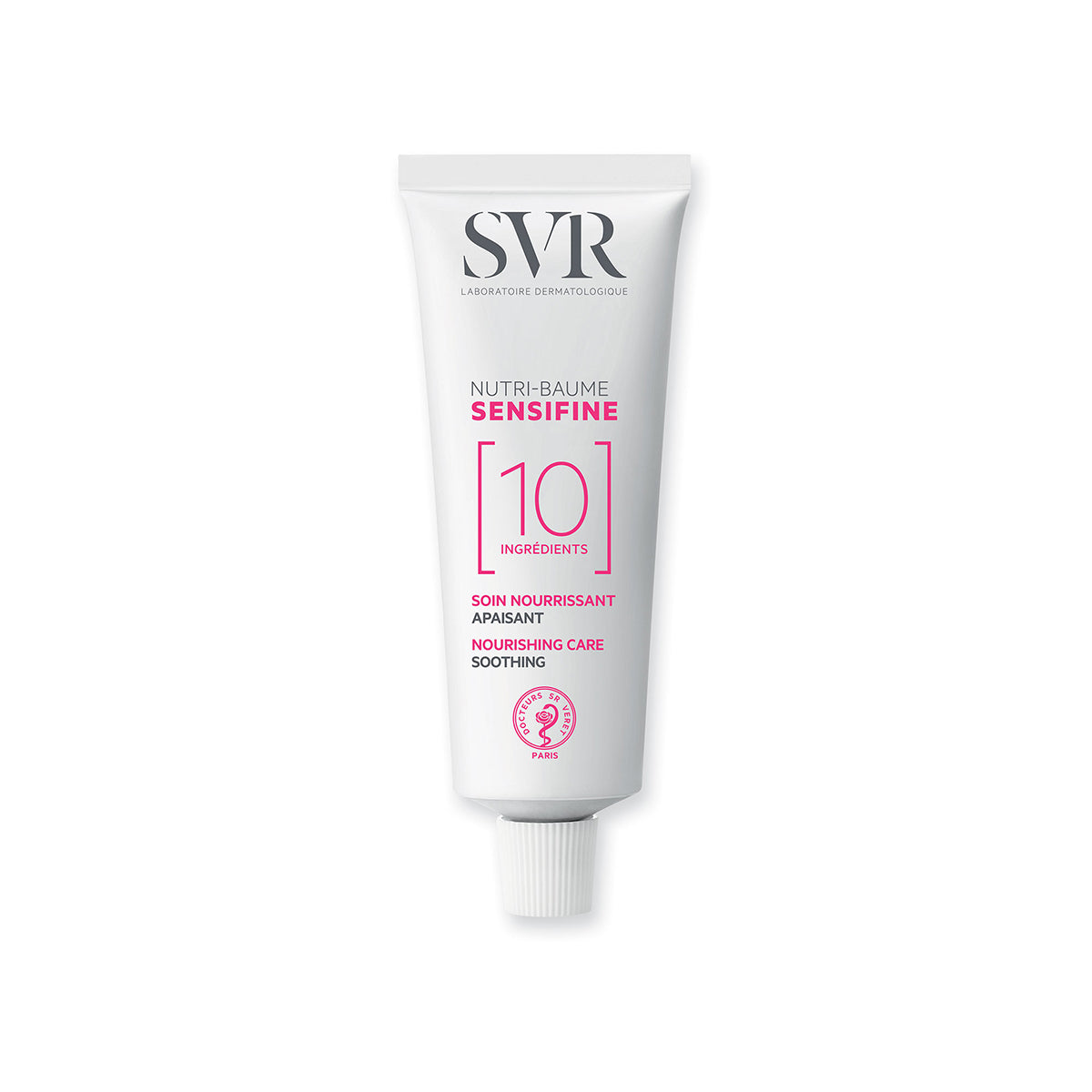 Tube blanc SVR Sensifine Nutri-Baume avec bouchon à vis, mettant en avant la formule minimaliste aux 10 ingrédients.