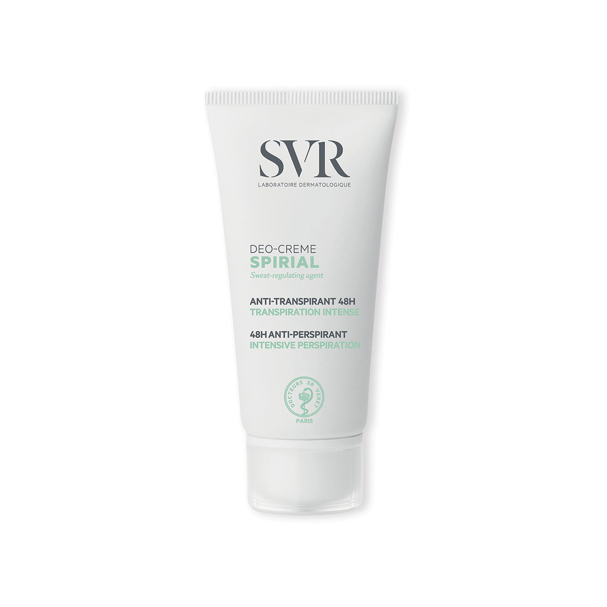 Tube de crème anti-transpirante SVR Spirial blanc et vert, format compact avec bouchon transparent, 50 ml.