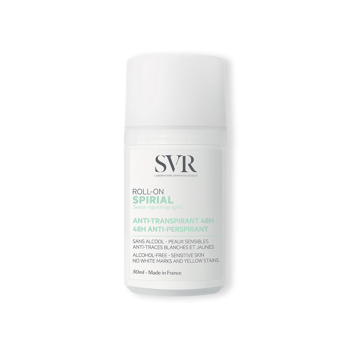 Déodorant roll-on SVR Spirial 50ml blanc avec étiquette minimaliste indiquant une efficacité anti-transpirante 48h.
