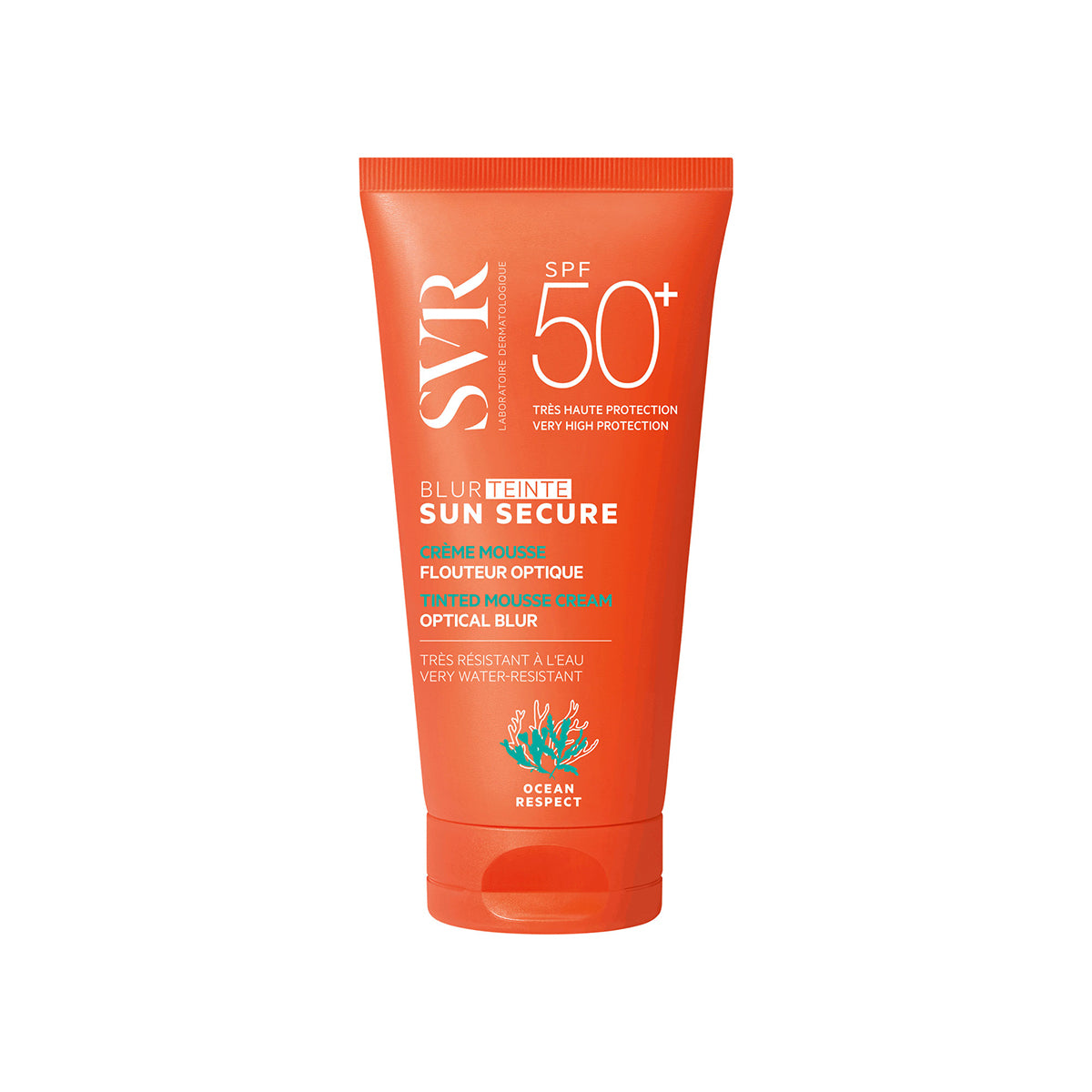 Tube de crème solaire teintée SVR Sun Secure Blur SPF50+ orange avec texte blanc et logo Ocean Respect sur fond blanc.