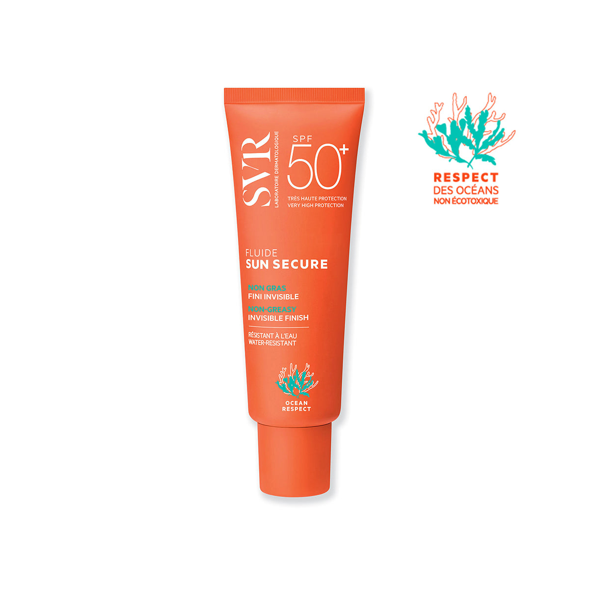 Tube de crème solaire SVR Sun Secure Fluide SPF50+ orange avec logo Ocean Respect sur fond blanc.