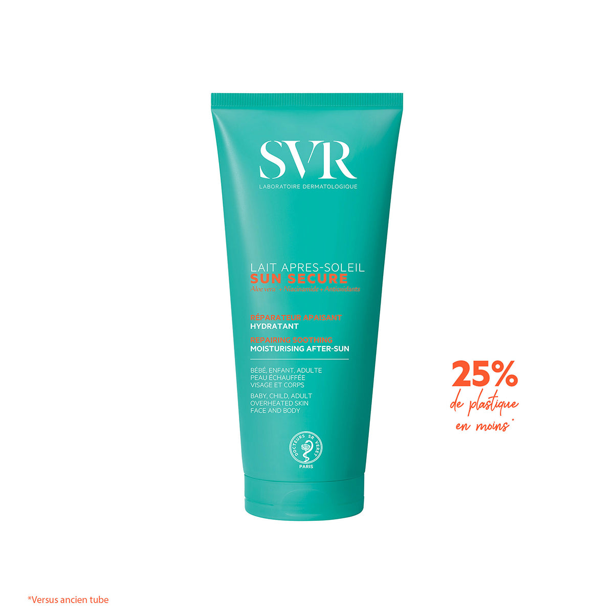 Tube de lait après-soleil SVR Sun Secure turquoise avec texte blanc et orange, mentionnant 25% de plastique en moins.