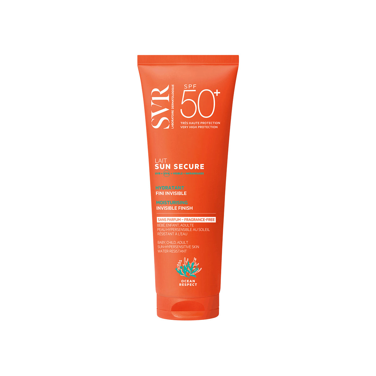 Tube de lait solaire SVR Sun Secure SPF50+ orange, format 250ml, protection haute tolérance sans parfum pour toute la famille.