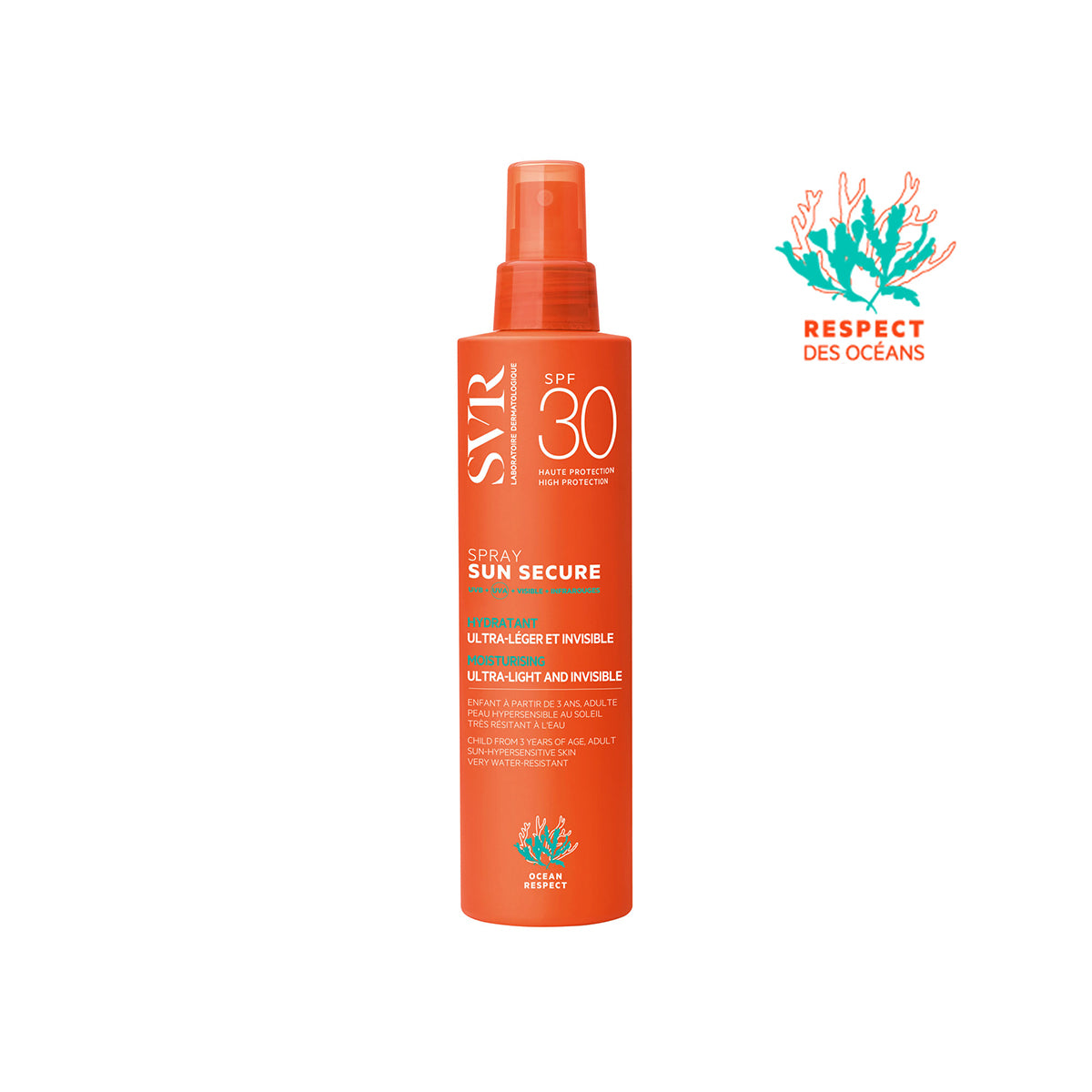 Spray solaire SVR SUN SECURE SPF30 dans un flacon orange cylindrique avec vaporisateur, format 200ml, protection haute performance.