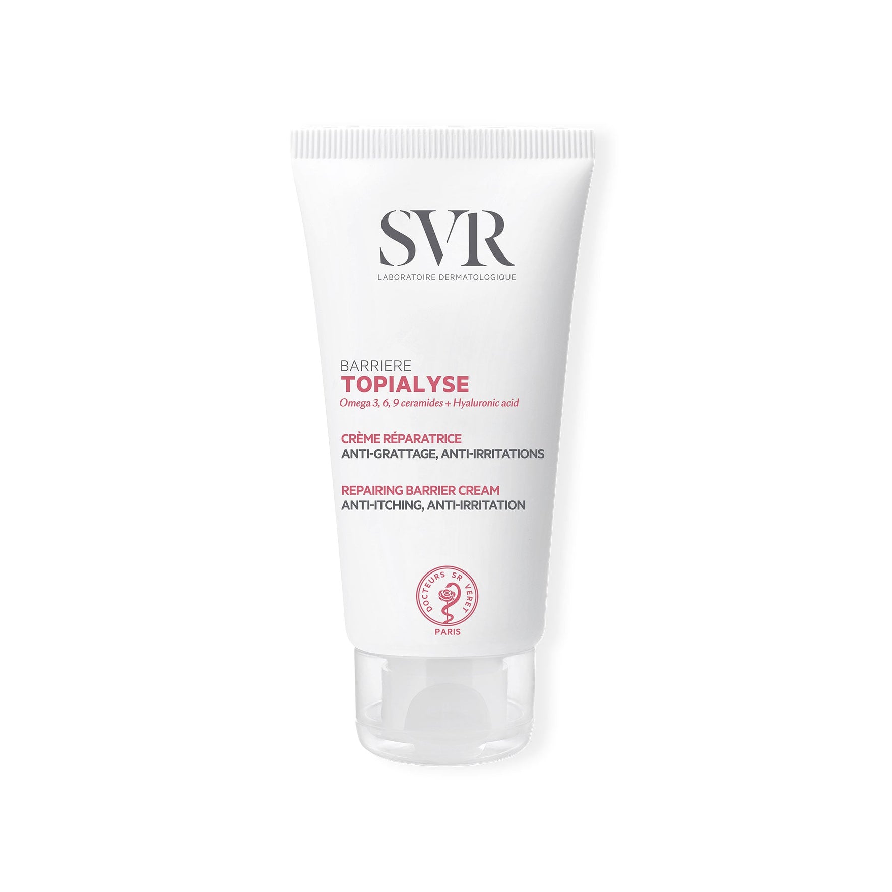 Tube blanc de crème réparatrice SVR Topialyse Barrière avec bouchon transparent, format 50ml pour peaux atopiques.