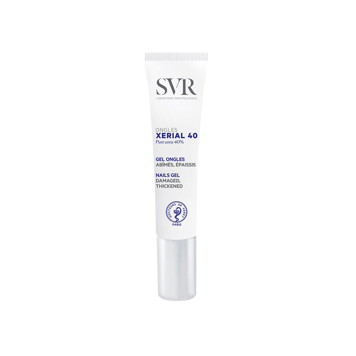 Tube blanc de gel SVR XERIAL 40 Ongles avec bouchon argenté pour le soin des ongles abîmés et épaissis.