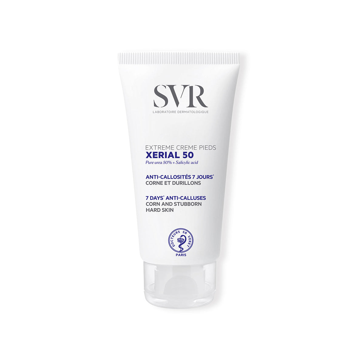 Tube blanc de crème pieds SVR Xerial 50 Extrême avec bouchon transparent, format 50ml pour callosités et durillons.